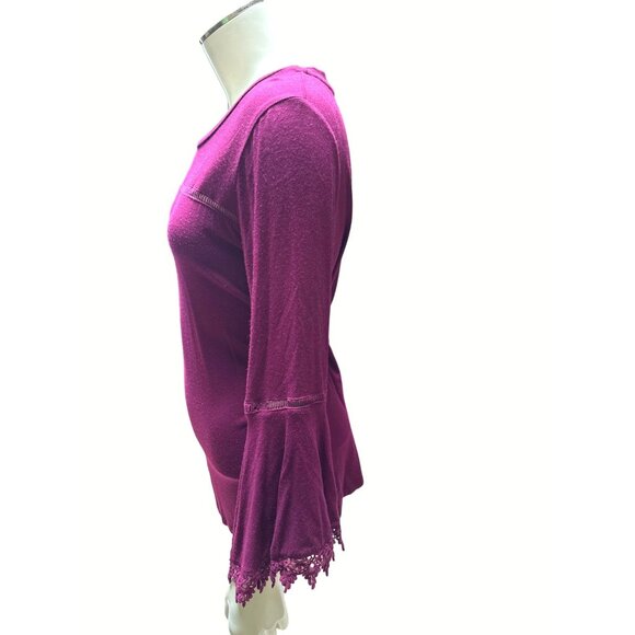 Coverstitched Burgundy Lace Trim Bell Sleeve Top Size M - Picture 2 of 9